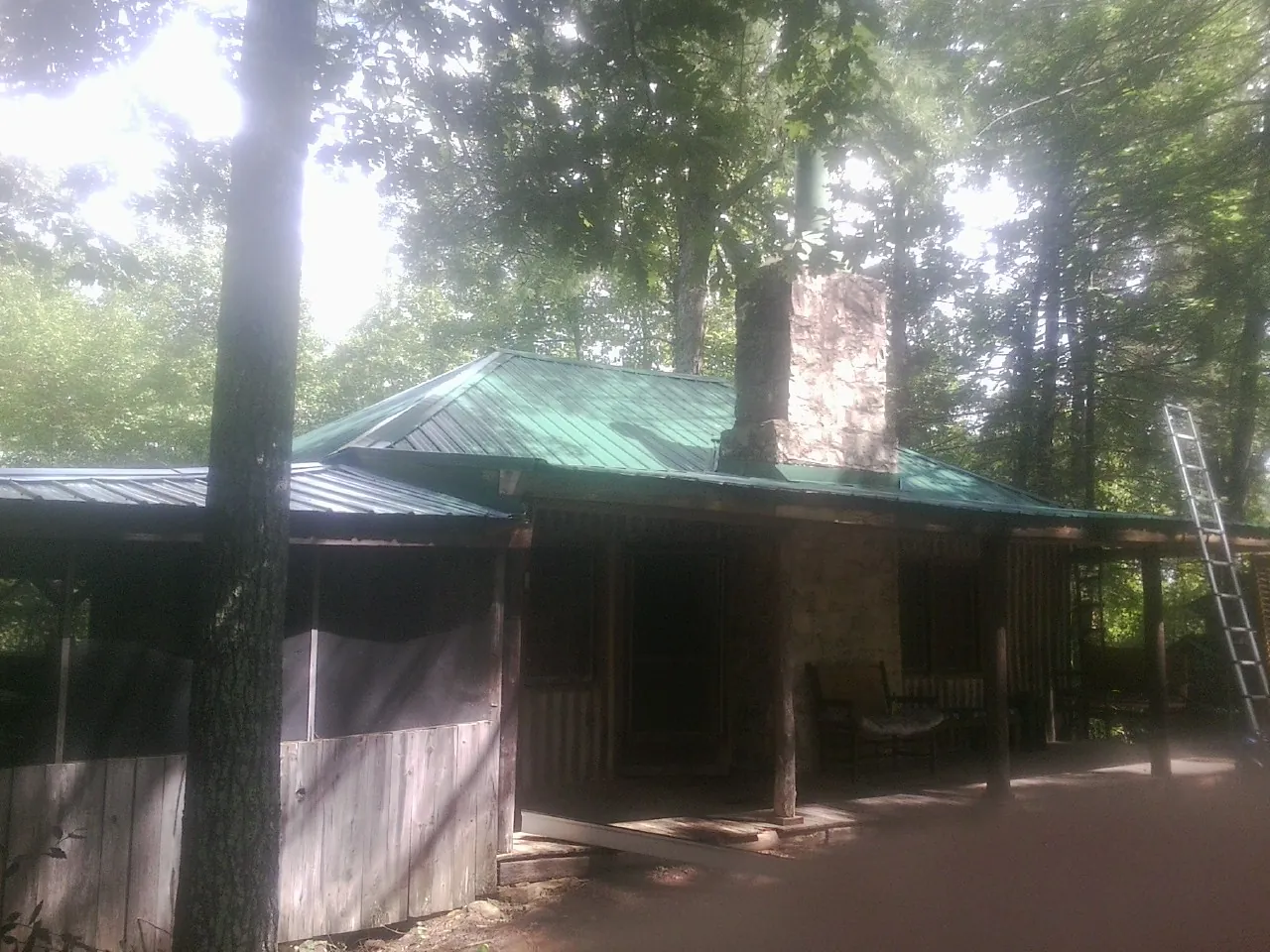 Green metal roof and stone chimney above a log cabin porch in Dunedin